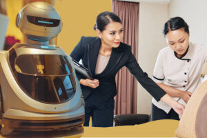 Hotel manager overseeing staff in a hotel room before a guest arrives