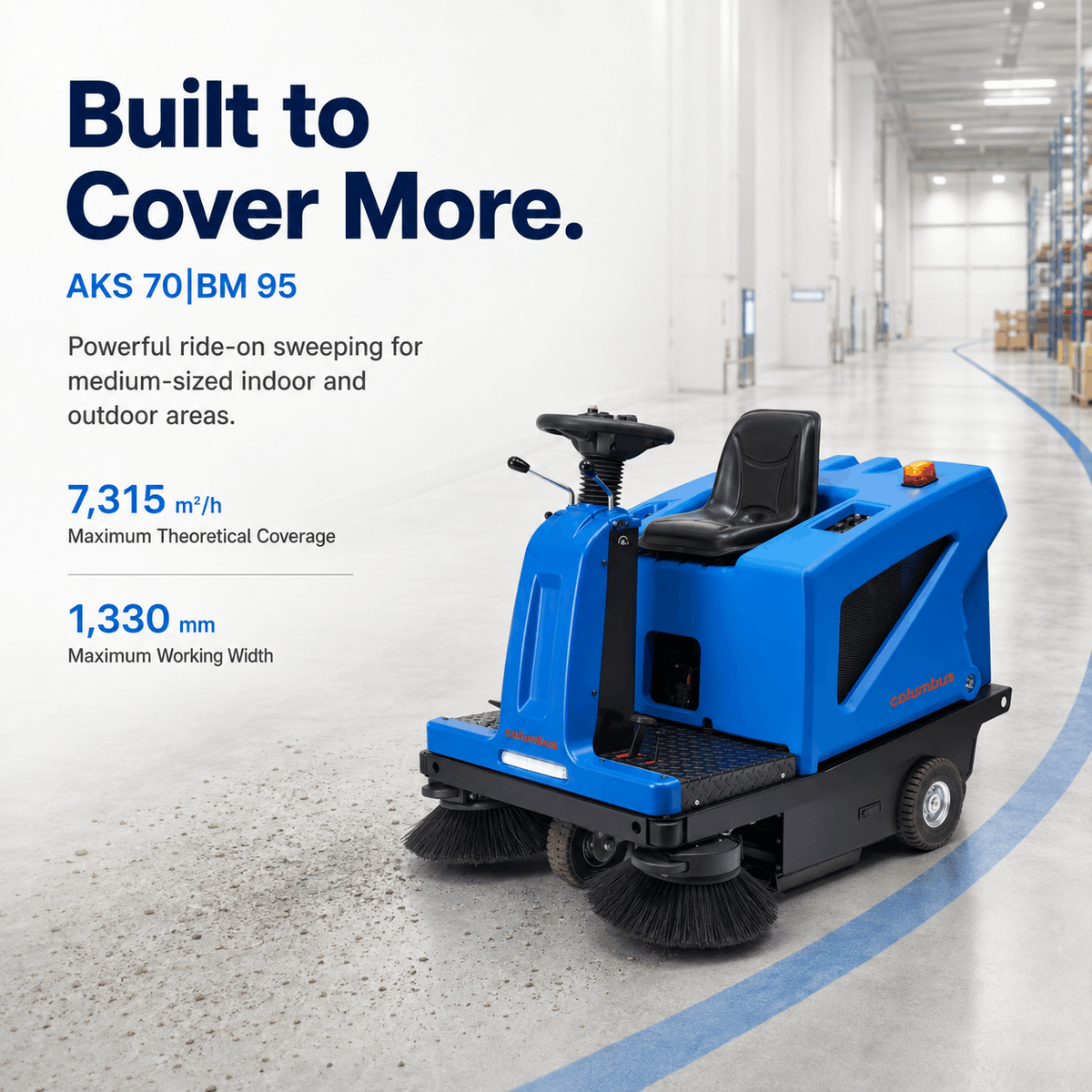 AKS 70 BM 95 ride-on sweeper, three-quarter view