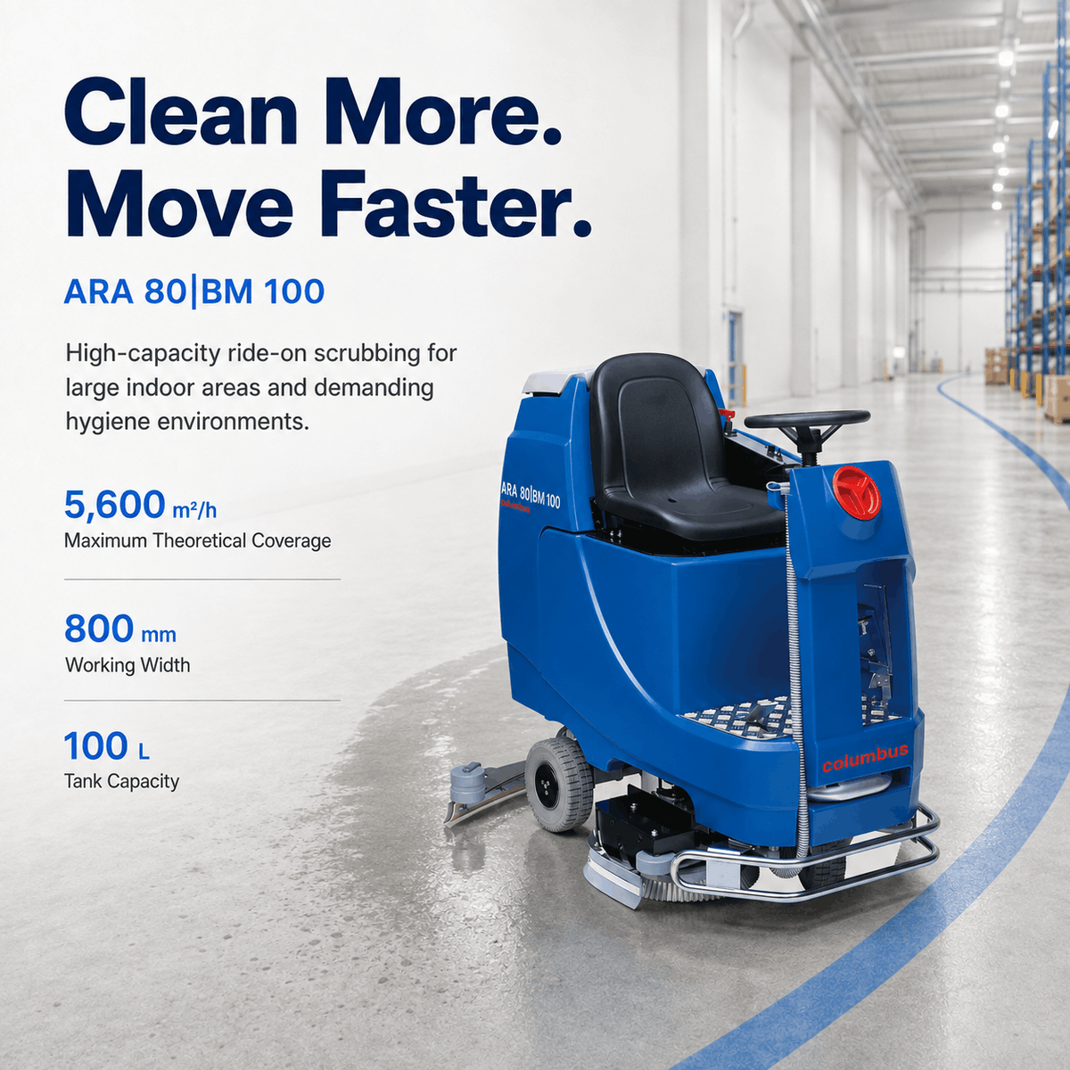 ARA 80 BM 100 ride-on scrubber dryer, three-quarter view