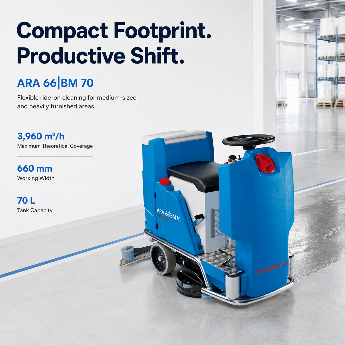 ARA 66 BM 70 compact ride-on scrubber dryer, three-quarter view