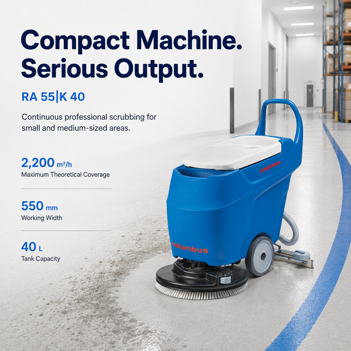 RA 55 iK 40 walk-behind scrubber dryer, three-quarter view
