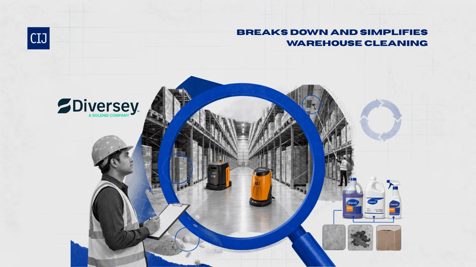 Mechanised scrubber-drier cleaning a warehouse aisle between storage racks