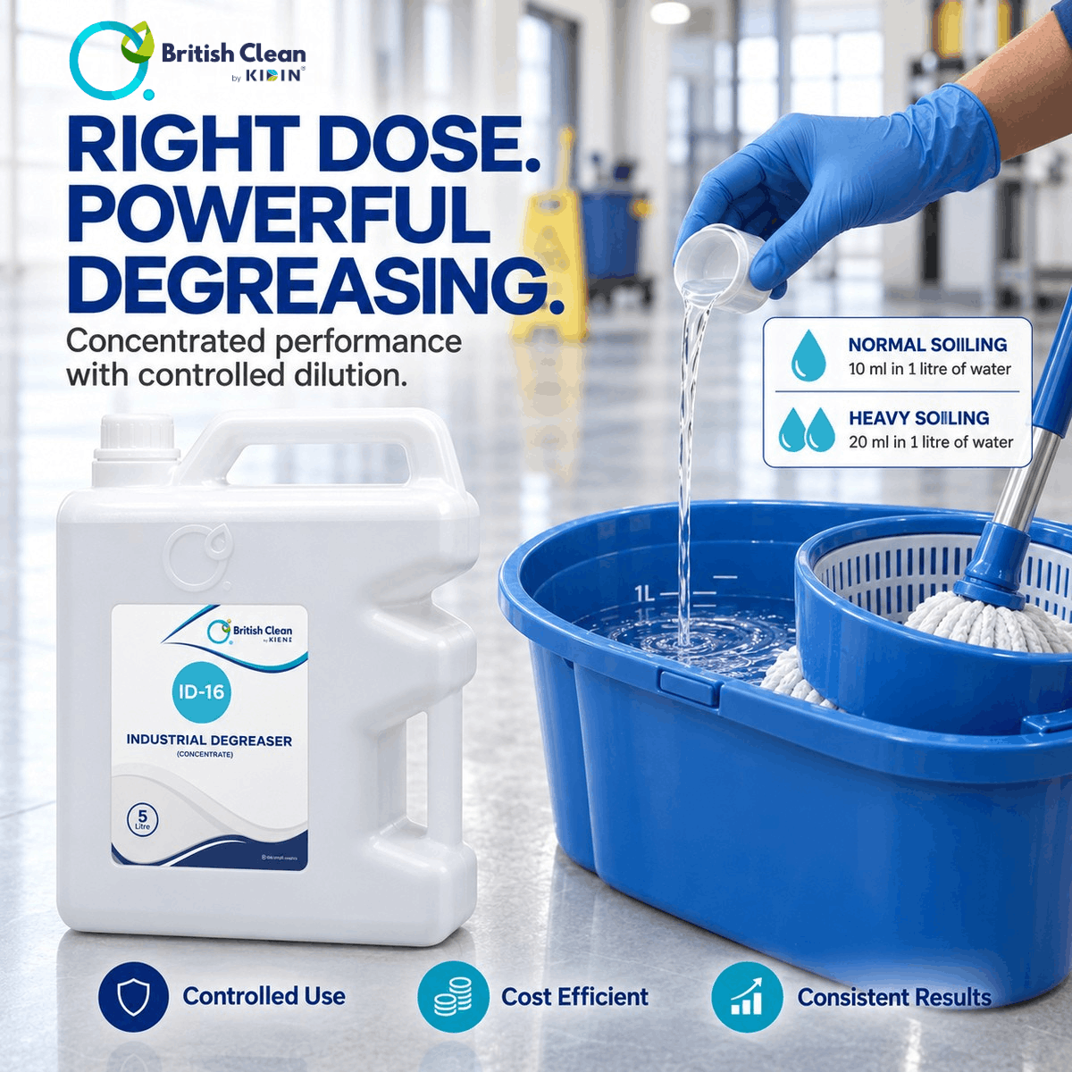ID-16 dilution dosing — 10ml per litre for normal soiling, 20ml per litre for heavy soiling