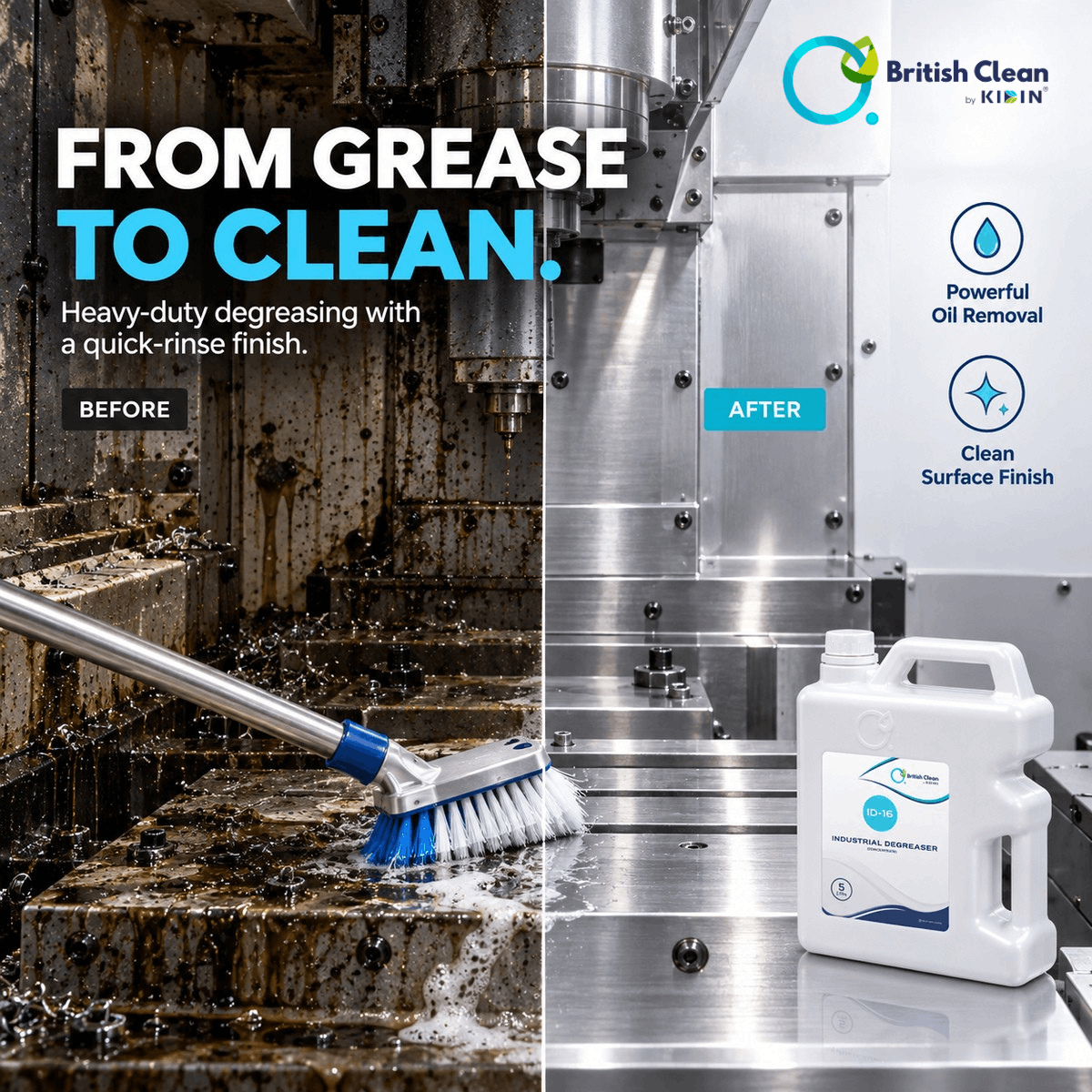 Before and after degreasing an industrial floor with ID-16