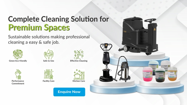 STAS cleaning and hygiene chemicals with floor care machines