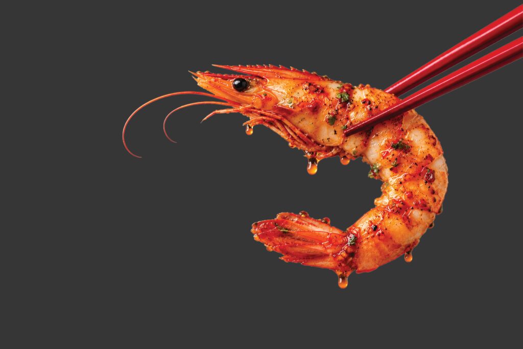 Glazed Spicy Shrimp on Red Chopsticks