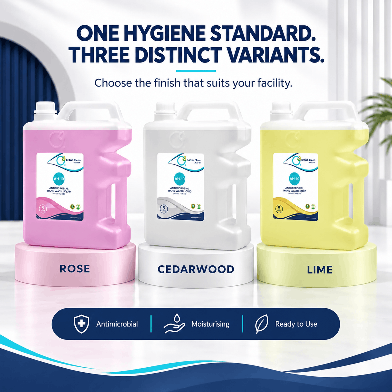 British Clean AH-10 Antimicrobial Hand Wash Liquid — Lime, Cedarwood and Rose variants